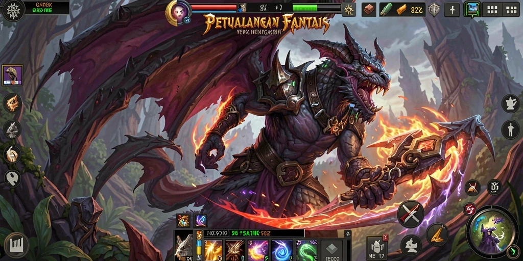 Screenshot gameplay RPG 8ZK menampilkan pertarungan epik dan pemandangan dunia yang indah.