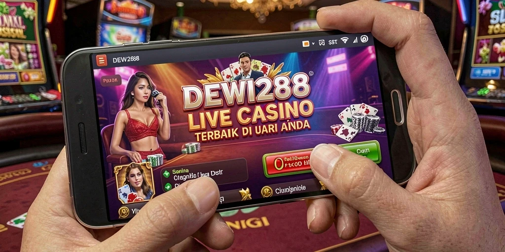 Screenshot gameplay DEWI288 menampilkan dealer profesional dan suasana kasino langsung.