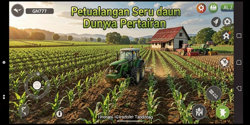 Tampilan gameplay GN777 dengan ladang yang subur dan hewan ternak yang bahagia.