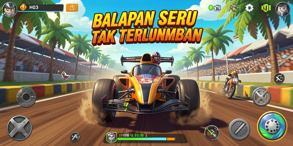 Screenshot H03 menunjukkan aksi balapan yang mendebarkan di trek berbukit.