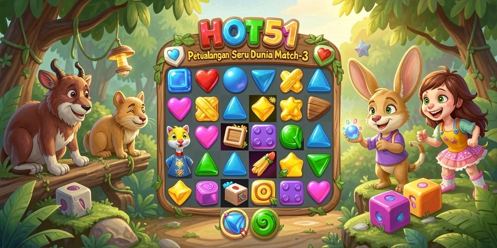 Screenshot gameplay HOT51 menampilkan momen seru mencocokkan permata.