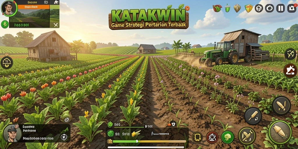 Screenshot KATAKWIN menampilkan pertanian yang luas dan aktivitas seru.