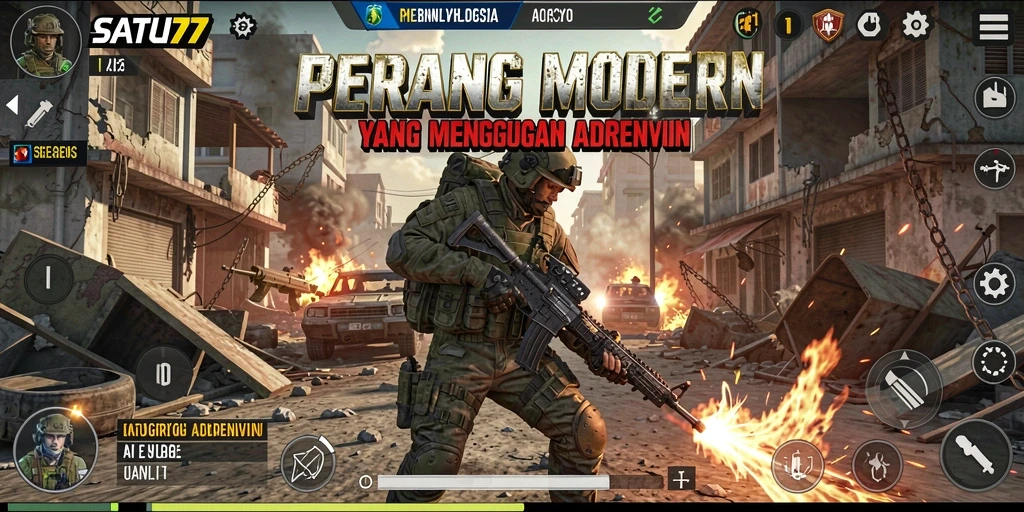 Screenshot utama SATU77 menunjukkan aksi pertempuran intens di medan perang.