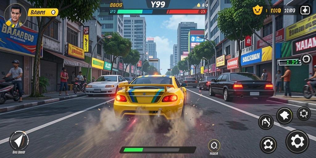 Screenshot gameplay Y89 menampilkan serunya balapan antar mobil di jalanan.