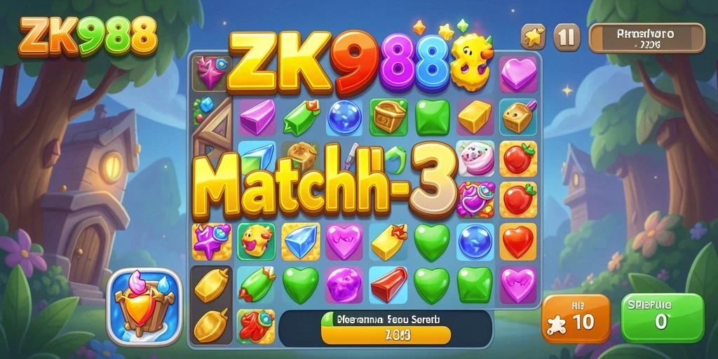 Tampilan gameplay ZK988 dengan elemen match-3 yang berwarna-warni.
